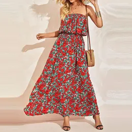 Повседневные платья Summer Beach Midi платье Женское цветочное принт Boho Long Ruffles без бретелек.