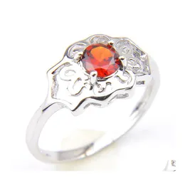 С боковыми камнями кольцо красные ганетные драгоценные камни форма цветочных форм Sier Crystal циркон свадебные украшения моды для женщин 10 штук Delive DHVPW