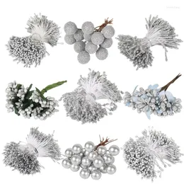 Decorative Flowers 1 Packet Plastic Artificial Flower For Warm Home Decoration Silver Color Stamen DIY Party Year Ball Charms