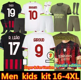 AC 22 23 Champions Ac Milans Soccer Maglie 2022 2023 Tomori Giroud Ibrahimovic Terza casa 2022 Tonali Versione Speciale Theo Brahim Kids Edition
