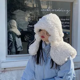 Berets Imitation Lamb Wool Oversized Bomber Hat Autumn And Winter Hooded Shawl For Women Korean Retro Cute Fluffy Thick Warm Scarf