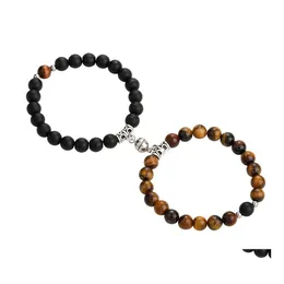 Beaded Strands 2Pcs/Set Magnetic Attraction Ball Creative Bracelets Couple Bead Bracelet Tiger Eye Stone Friendship Jewelry Gift Dr Otnq7