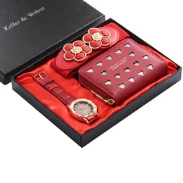 Zegarek na rękę kwarcowe zestawy portfela dla kobiet luksusowe panie czerwony/różowy pasek ozdobny ładne prezenty z kartą z życzeniami z pudełka