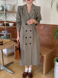 Casual Dresses Women 2023 Notched Lapel Double Breasted Blazer Dress Elegant Office Lady Long Sleeve Vintage Belted Midi