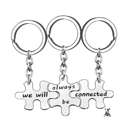 Keychains Lanyards 3Pcs/Set Stainless Steel Creative Carved We Will Always Be Connected Puzzle Pendant Keyrings Charm Couple Keyfo Dh0J5