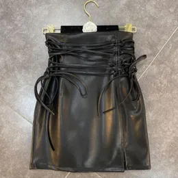Skirts ZCSMLL Black Tie Rope Braided Waist Temperament Small Woman European And American Street PU Hip Skirt 2023 Spring