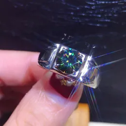 Cluster Rings Geoki Men's 925 Sterling Silver 2 CT Perfect Cut Passe Diamond Test Blue-Green VVS1 Moissanite Wedding Ring Luxury