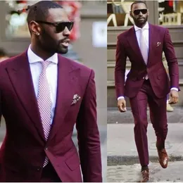 2 stycken Bourgogne brudgum Wear Wedding Tuxedos l￥nga ￤rmar Tv￥ knappar Slim Fit Men Suits Prom Party Blazer Jacket Pants Fashion Coat Trousers upps￤ttningar