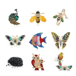 Pins Brooches 2021 Mti Color Enamel Ainmal For Women Peacock Bee Butterfly Hedgehog Owl Flamingo Parrot Crystal Brooch Pins Fashion Otyog