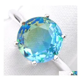 ソリティアリング10 PCS LuckyShine 925 Sterling Sirier Round Fire Bi Colored Tourmaline Gems Engagement Jewelry Womens S Drop Delivery DHP0E