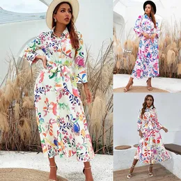 Lässige Kleider Leosoxs 2023 Sommer Frauen Vintage Totem Blumendruck Kleid mit Bogen Weibliche Schärpen Midi Hemd Chic Slim Vestido