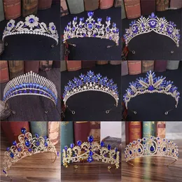 Saç Takıları Avrupa Mavi Kristal Tiaras Vintage Altın Gümüş Rhinestone Pageant Taç Barok Gelin Düğün Aksesuarları Hediye