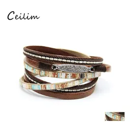 Cadeia de link Boho Mtilayer Wrap Cuff Leather Brangelet Brange Bracelets de cristal inspirado para mulheres adolescentes otxa9