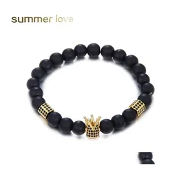 Perlenstränge Trendy Gold Sier King Crown Charm Bead Armband für Männer Frauen Zylinder 8mm Naturstein Matte Armbänder Schmuck GIF OT3MZ