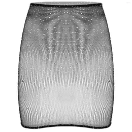 Kvinnors sömnkläder Kvinnor Halva Slip Dress Shiny Rhinestone Bodycon Miniskirt Sexig Se genom Petticoat Sheer Mesh underskirt för Party Club