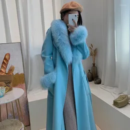 Kvinnor Down 2023 Winter Lady Fur Coat Elegant Women Luxurious Natural Jacket X-Long Cashmere Double Faced ull Ytter med bälte
