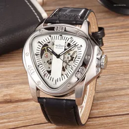 Zegarek na rękę Hip Hop Trójkąt szkielet zegarek męski Automatyczny ruch mechaniczny Czarny skórzany pasek Sport Trendwatch Trendy prezent dla