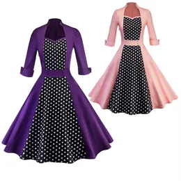 Vintage Hepburn-klänningar för kvinnors billiga 60-tal klänning a-line midi skjorta klänning mode f0641 rosa lila med prickar 3 4 ärm293a