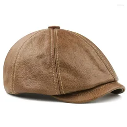 Berets Casquette Men orygine cowhide skórzana czapka czapka do przodu czapka brytyjska dopasowana czarna/khaki ośmiokątna beret najwyższej jakości