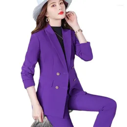 Calça feminina de duas peças terno roxo conjunto feminino moda casual bolso escritório jaqueta design e 2023