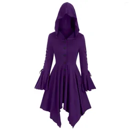 Casual Dresses Womens Long Sleeve Lace-Up Cloak Cape Gothic Solid Colors Vintage Medieval Hooded Party Witch Dress Halloween Costume #