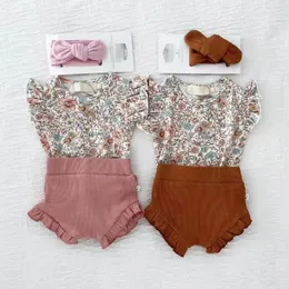 Completi abbigliamento FOCUSNORM 3 pezzi Estate Neonate Ragazzi Vestiti dolci 0-24 M Fiori Stampati Pagliaccetto Top Pantaloncini Fascia