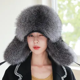 Berets ZDFURS 2023 Women Silver Fur Hats Beanies Winter Warm Ear Protection Russian Bomber Peaked Caps