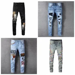 Unisex-Kleidung, Marineblau, Jeans, Vaqueros, Hot Montana, Panther-Druck, Armeegrün, lange Distressed-Baumwolle, Kaninchen-Aufkleber, Stickerei, schmaler, gerader Denim-Biker