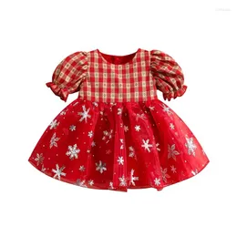 Robes de fille Toddler Girls Christmas A-line Dress Short Sleeve Snowflake Print Plaid Patchwork
