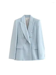 Kvinnors kostymer Xeasy 2023 Kvinnor Fall Fashion Textured Blazer Vintage Långärmning Double Breasted Flap Pockets Female Chic Jacket