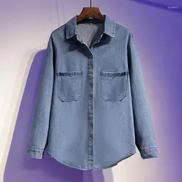 Kvinnors blusar S-5XL Kvinnor denim långärmad avviker krage lösa skjortor vårens hösten solid fritid jean toppar all-match ytterkläder