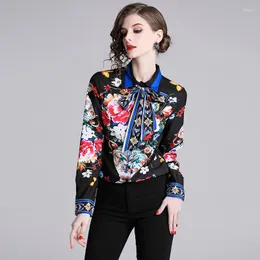 Kvinnors blusar Runway Designer Elegant Summer Autumn Women's Long Sleeve Vintage Chiffon Flower Geometric Print Shirt Fashion Tops