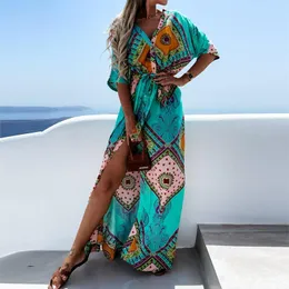 Dambadkläder Sommarsemester Strandtryck Boho Klänning Baddräkt Robe Elegant knapp hög slits Lång kjol Sexig V-ringad slips Retro