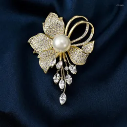 ブローチsuyu銅マイクロセットキュービックジルコニアラグジュアリーフラワーズ模倣真珠ブローチ女性スーツアクセサリーコートピンシルクスカーフバックル