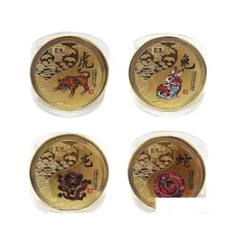 Inne sztuki i rzemiosło 12 kolorowe zwierzęce chińskie monety kolekcjonerskie zodiaku na szczęście pamiątki złota moneta maskotka dekoracje domu rok 2023 gi dhowa