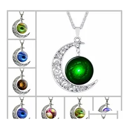 قلادة قلادة Galaxy Planet Space Starry Moon Cabochons Glass Moonstone Gemstone Darlace Necklace for Womens Fashion Jewelry Drop Otniu