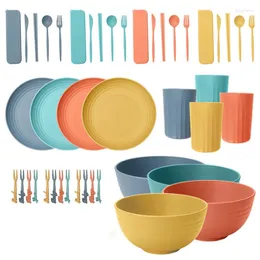 Dinnerware Sets 44PCS Wheat Straw Tableware Bowls Cups Plates Cutlery Eco-Friendly Kitchen Fork Spoon