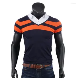 Polos pour hommes Casual Contrast Color Polo Shirt Hommes Imprimer Rayé À Manches Courtes Chemises D'été Coton Para Hombre