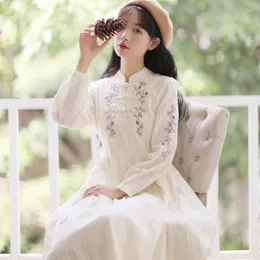 Casual Dresses Women Vintage Flower Embroidery 2024 Autumn Long-Sleeved Modern Literary Girl Sweet Lovely Dress Female Vestidos