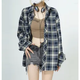 Blusas 2023 outono inverno moda camisa xadrez para mulheres y2k pano blusa feminina marca tendência casual estilo bf