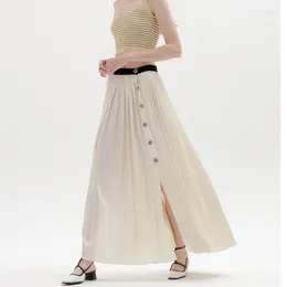 Skirts High Waist Pleated Midi Skirt Lady Single-breasted Slit Long All-Match Clothing