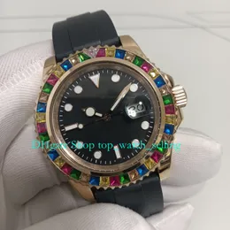 Mänstorlek Titta med Box Mens Wristwatches 40mm Black Dial Gem-set Multi Color Rainbow Diamond Rose Gold Gummi Strap Automatic Watches