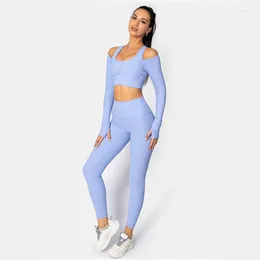 Aktif setler 2pcs/set nervürlü fitness spor yoga seti kadınlar uzun kollu üstler ve deve ayak parmakları egzersiz egzersizi aktif giyim elbisesi