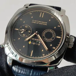 손목 시계 44mm 자동 기계식 시계 남성 데이트 블랙 스테인리스 스틸 다이얼 가죽 스트랩 시계 시계 P16