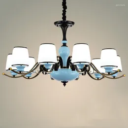 Chandeliers American Blue Ceramic Chandelier Simple Atmosphere Creative Living Room Bedroom Dining European Style White Lampshade Lamp