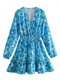 캐주얼 드레스 Jastie Autumn Retro Blue Prinded Dress Women Long Sleeve V-Neck 섹시한 Floral Fashion Elastic Waist Party residos