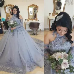Vintage Quinceanera Dresses Ball Gown Halter Silver Gray Lace Beads Flowers Long Sleeves Plus Size Formal Party Prom Evening Gowns