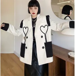 여자 정장 슬리브 2023 Long Spring Black and White Contrast Color Blazer 줄무늬 패치 워크 정장 재킷 패션 캐주얼 여성