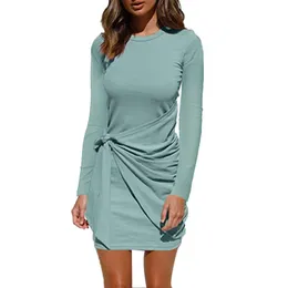 Casual Dresses Bodycon Sexy Minikleid Oansatz Bule Frauen Langarm Patchwork Bandage Gürtel Damen Strand Vestidos