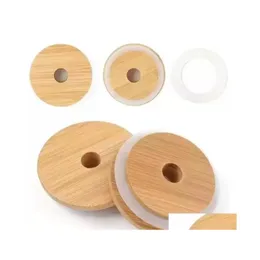 Drinkware Lid Ups Bamboo Cap Lids 70Mm 88Mm Reusable Wooden Mason Jar With St Hole And Sile Seal Fast Delivery Drop Home Garden Kitc Dhhme